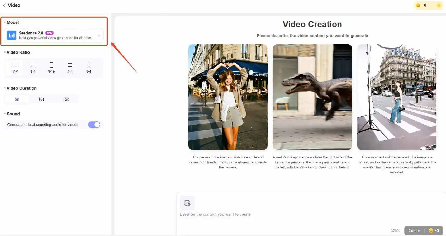 choose seedance 2.0 model on novi ai